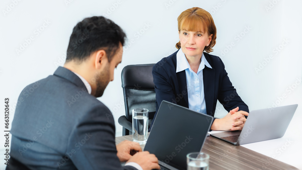 Business executive discussion with employee meeting in office. Two diverse professionals discussing project strategy and corporate plan of company. Business executive discussion with employee meeting in office. Two diverse professionals discussing project strategy and corporate plan of company.
