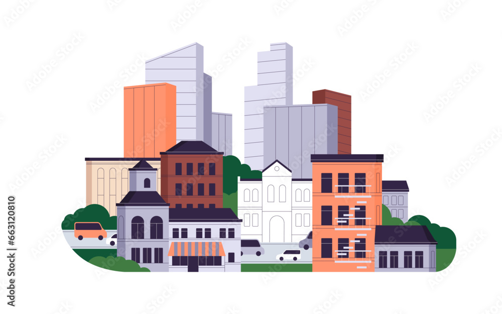 City buildings, car road. Urban architecture, new and old constructions, modern skyscrapers, houses on street. Cityscape, real estate. Flat graphic vector illustration isolated on white background