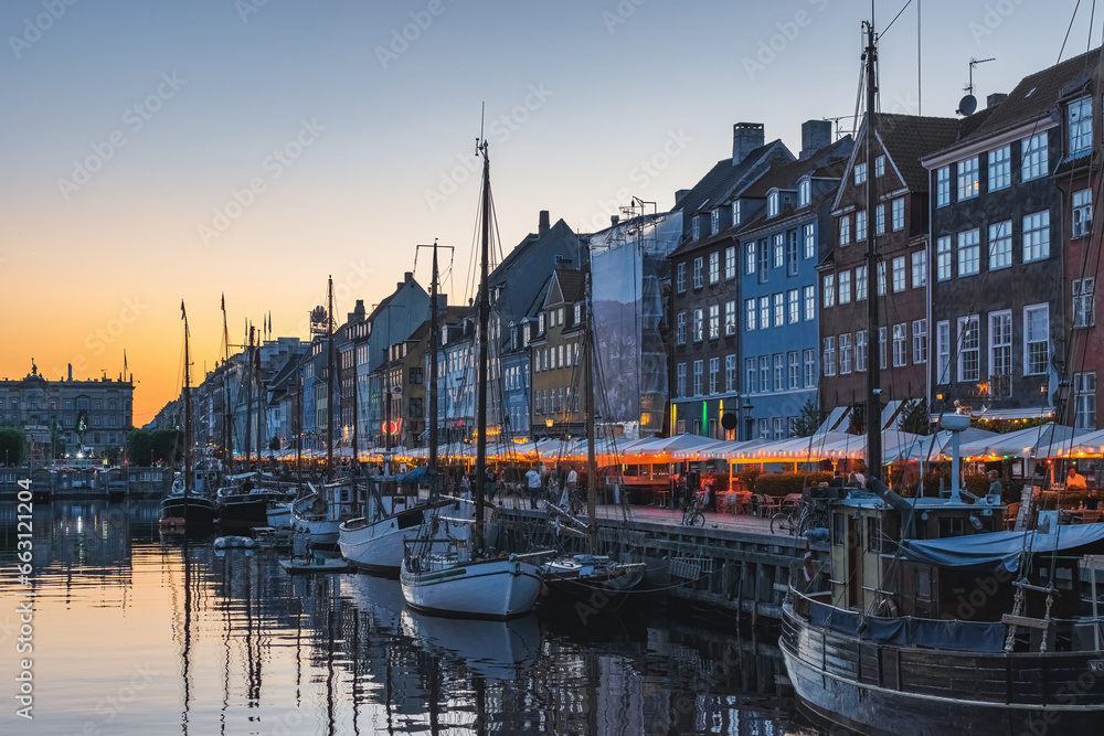beautiful sunset over Nyhavn in Copenhagen, Denmark