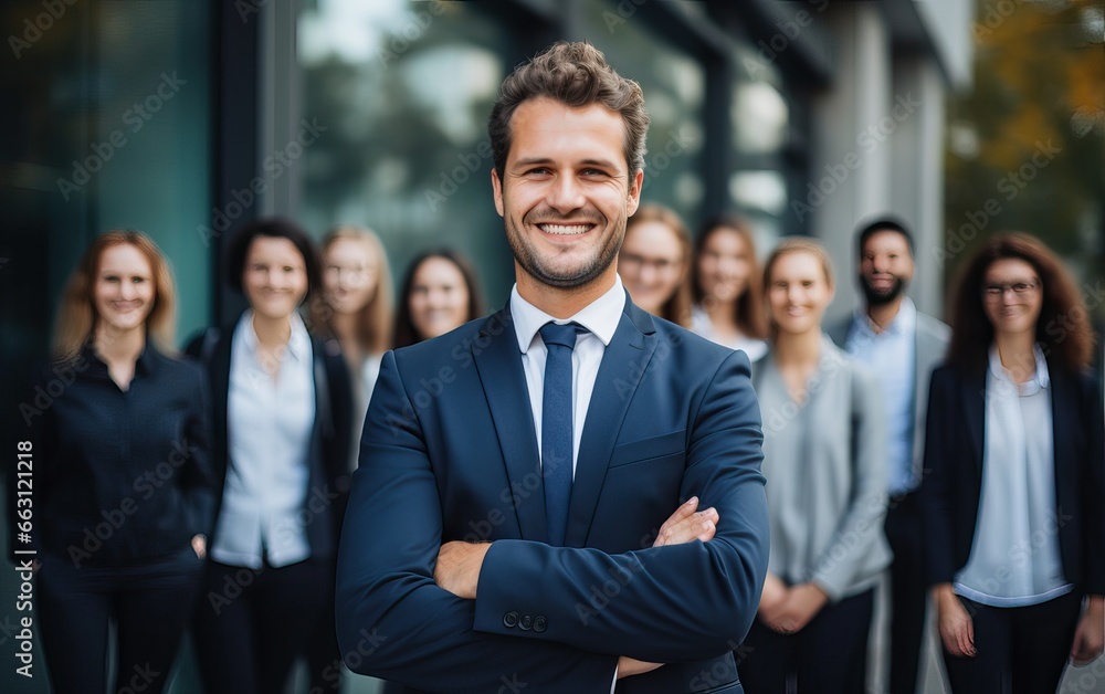 Handsome business CEO executive business man with arms crossed standing in office with colleagues in the background. Handsome business CEO executive business man with arms crossed standing in office with colleagues in the background.