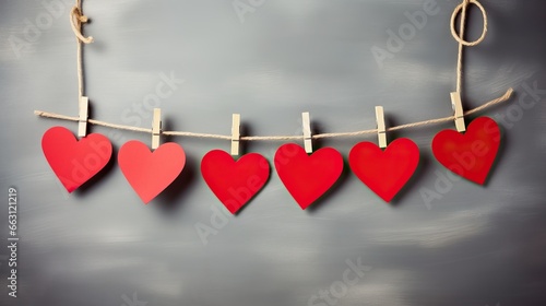 Red hearts on rope with clothespins, on a gray background. Place for text, copy space.