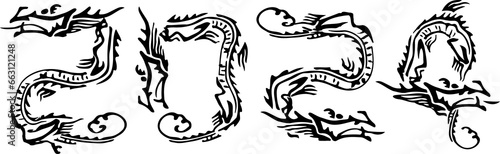 黒い2024の龍のイラスト文字、辰年のお正月素材