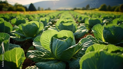 High angle, old farmer in a patch of fresh cabbage in his garden. photo