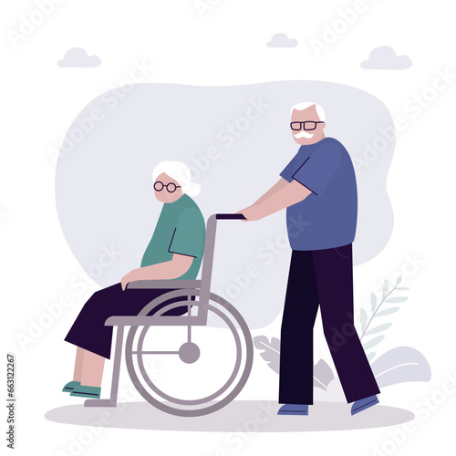 Grandfather pushes old woman in wheelchair. Elderly people are walking. Barrier-free environment, ease of movement for people with limited mobility.