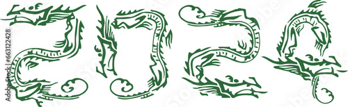 緑の2024の龍のイラスト文字、辰年のお正月ベクター素材