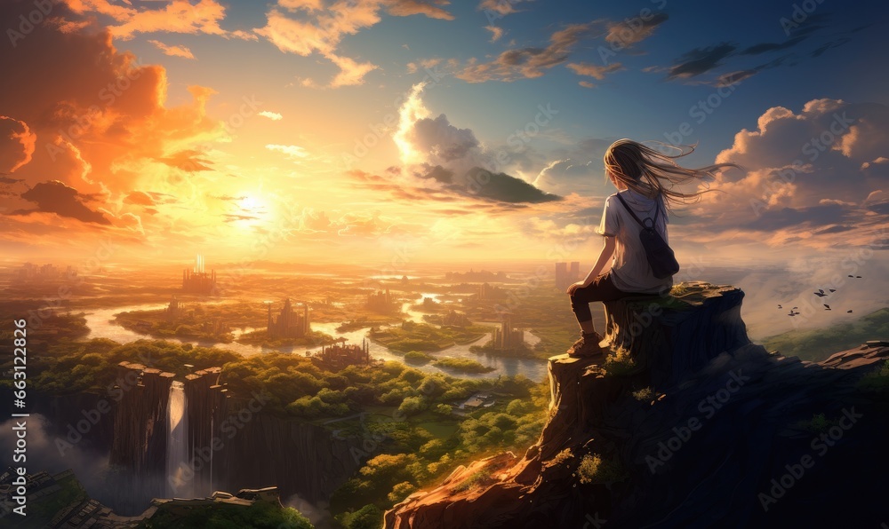 Lost in her thoughts, the anime girl contemplated life's mysteries on the edge of the cliff.