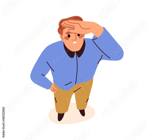 Surprised man looking up, staring, wondering, top above view, overhead. Person standing, watching, shocked amazed face, amazement emotion. Flat vector illustration isolated on white background