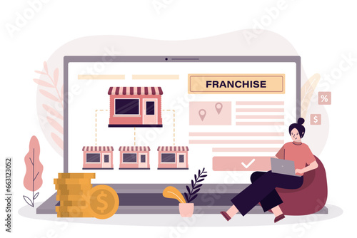 Franchise network development. Businesswoman investor search profitable franchise business for investment. Money in exchange for property rights. Purchase of an idea,