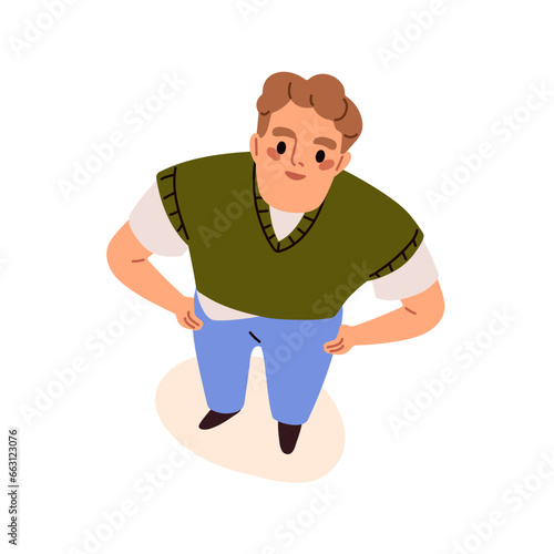 Surprised amazed man looking up, top down view. Happy excited curious guy face, wondering, staring, waiting in amazement, shock emotions. Flat vector illustration isolated on white background