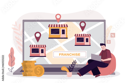 Franchise network development. Businessman investor search profitable franchise business for investment. Money in exchange for property rights. Purchase of an idea