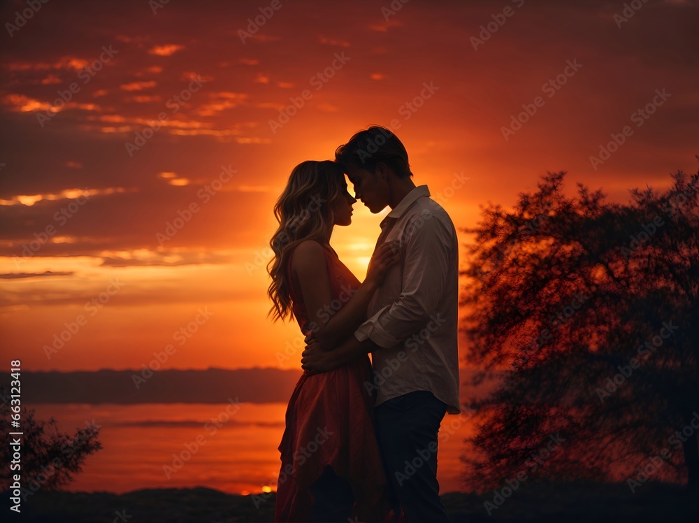 The silhouettes of two lovers, stand against a fiery sunset.