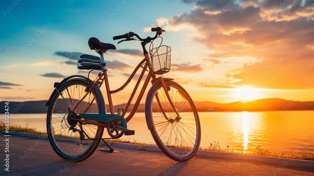 Fototapeta premium Bicycle parked beside a reflective lake at sunset offers a serene visual for active lifestyle promotions and travel banners.