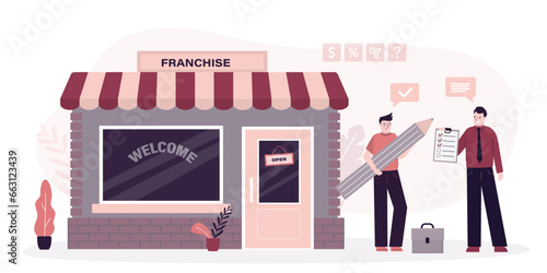 Partners sign franchise agreement. Network business development model. Owner transfers license to use brand and franchise to new partner. Businessmen enter into an agreement.