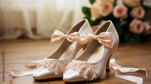 satin pink high-heeled wedding shoes stand on the floor, bride's outfit, footwear, delicate beautiful background, feminine, ballet dancing shoes, bow, ribbon, beige