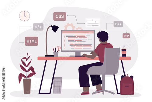 African american woman programmer or coder sitting at desk and working. Website designer, developer social media wireframe. front-end and back-end programming,