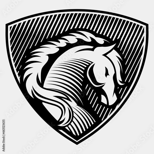 Horse in Shield Vector Drawing Design Black And White template emblem mascot illustration
