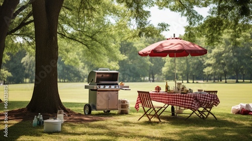 a quaint, countryside BBQ picnic, with a vintage grill radiating a nostalgic charm under the shade of tall oaks