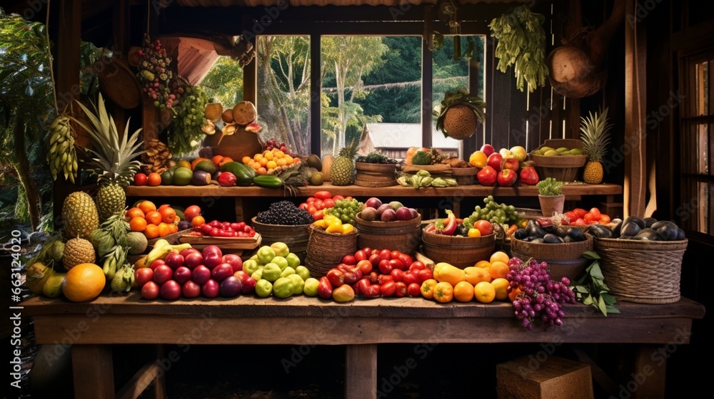 A quaint country market stall piled high with an assortment of jewel-toned fruits and vegetables, each one a testament to nature's palette