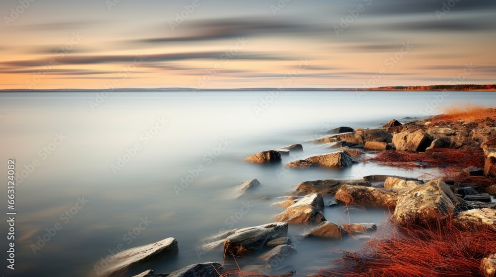 An impressionistic photograph capturing the scenic shoreline of Hudson Bay, Churchill, Manitoba, Canada. This image was created using a panning technique with a slow shutter speed - obrazy, fototapety, plakaty 
