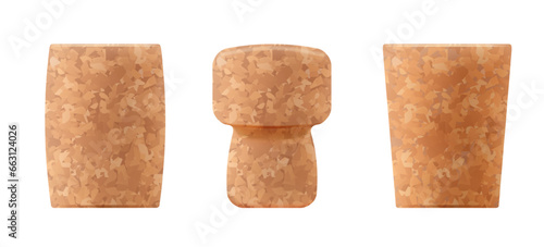 Set of realistic cork wood wine stoppers with texture isolated on white background. Vector illustration