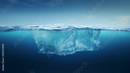 An iceberg peacefully adrift in crystal-clear blue waters, concealing potential hazards beneath the surface, illustrating the concept of hidden danger and global warming. The ice floe afloat photo