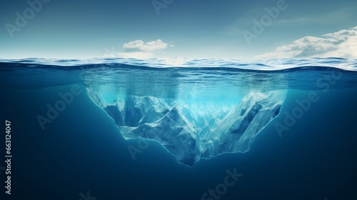 An iceberg peacefully adrift in crystal-clear blue waters, concealing potential hazards beneath the surface, illustrating the concept of hidden danger and global warming. The ice floe afloat