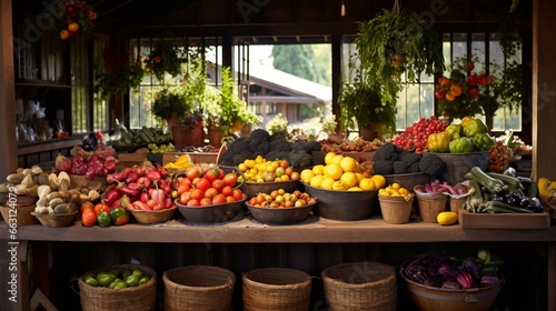 A quaint country market stall piled high with an assortment of jewel-toned fruits and vegetables  each one a testament to nature s palette