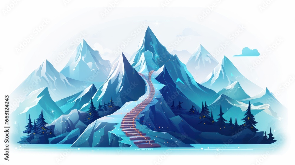 A flat-style illustration of a mountain climbing route leading to a peak, representing a business journey progressing towards success. This artwork visualizes a path to the mountain's summit
