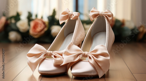 satin pink high-heeled wedding shoes stand on the floor, bride's outfit, footwear, delicate beautiful background, feminine, ballet dancing shoes, bow, ribbon, beige