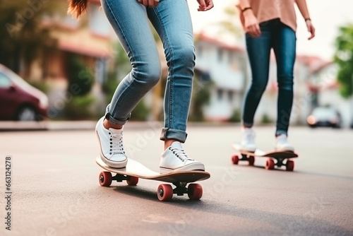 Cropped photo of female skateboarders in baggy jeans