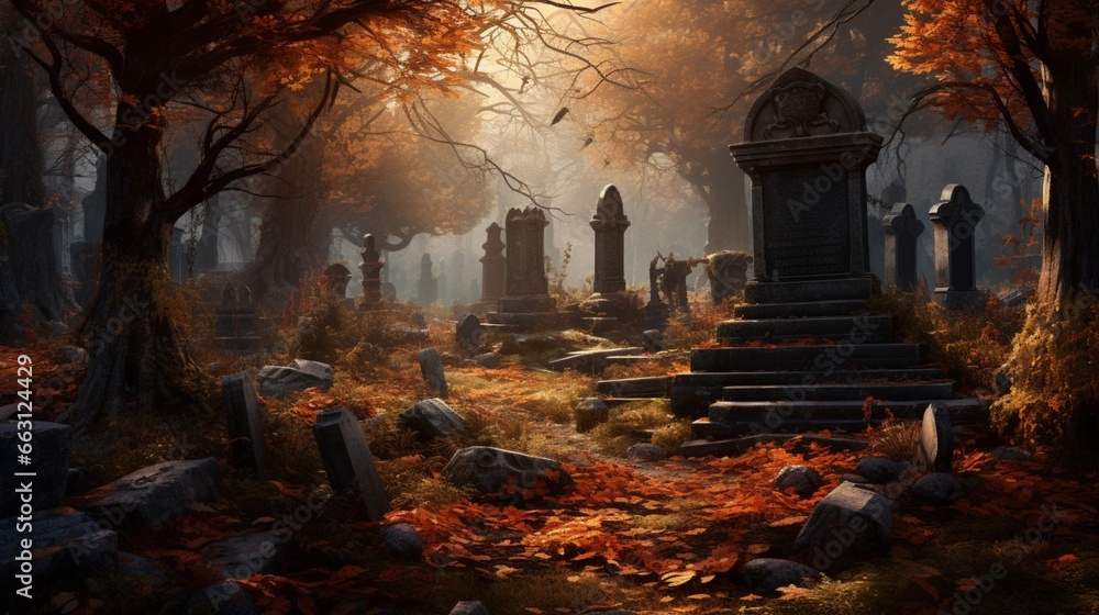 Fototapeta premium A quiet graveyard nestled in a forest, with ancient, weathered tombstones surrounded by vibrant autumn foliage