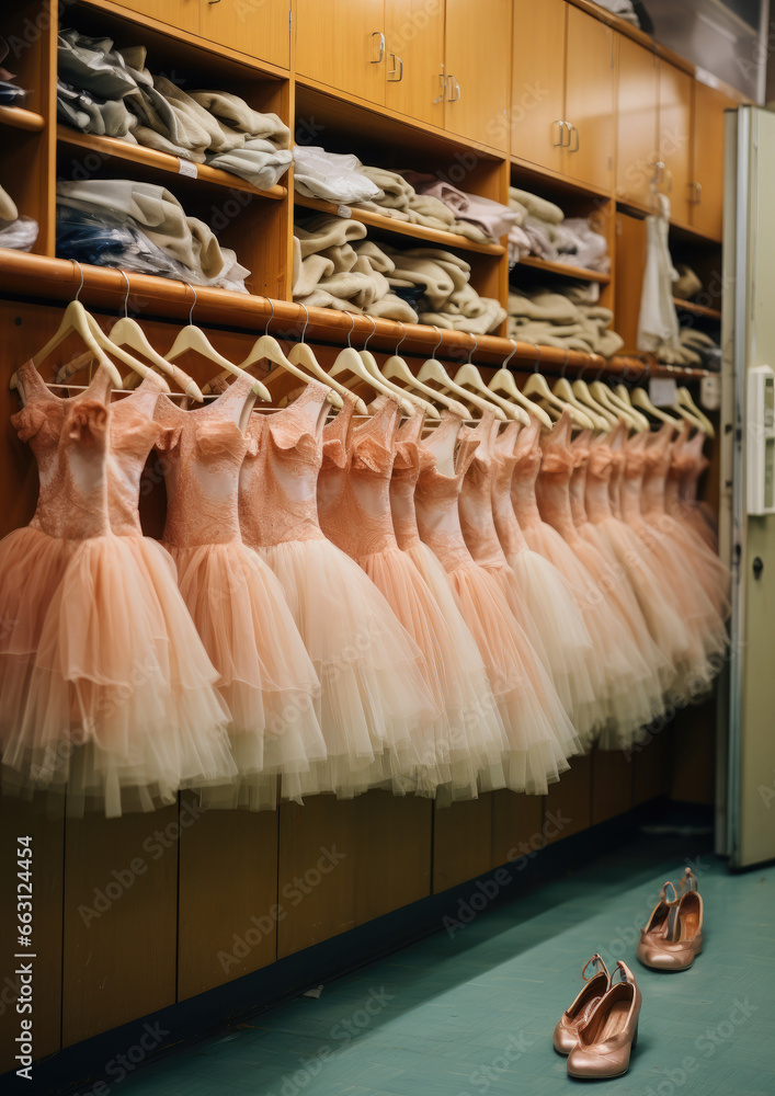 ballet tutus, dresses for ballerinas hanging on hangers in the dressing room, theater, performance, dance outfit, beautiful fabric, backstage, dressing room, festive, clothes, closet, wardrobe