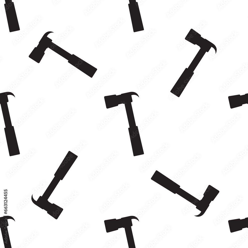 Seamless pattern with black silhouette of hammer. Texture with carpentry tool. Monochrome design isolate on white background. Wallpaper, decoration Seamless pattern with black silhouette of hammer. Texture with carpentry tool. Monochrome design isolate on white background. Wallpaper, decoration
