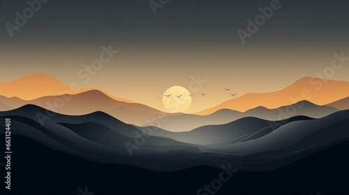 A vector representation of an abstract artistic landscape  depicting mountains  birds  and the transition of day and night through a golden line art texture. It stands out against a dark grey