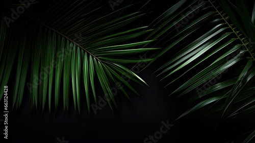Vibrant Palm Leaf: Close-up of a Green Frond Against a Black Background © tydeline
