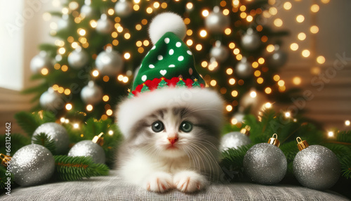 New year present concept. A kitten under the Christmas tree. Cat in Santa hat. Ai generative. © ImageFlow
