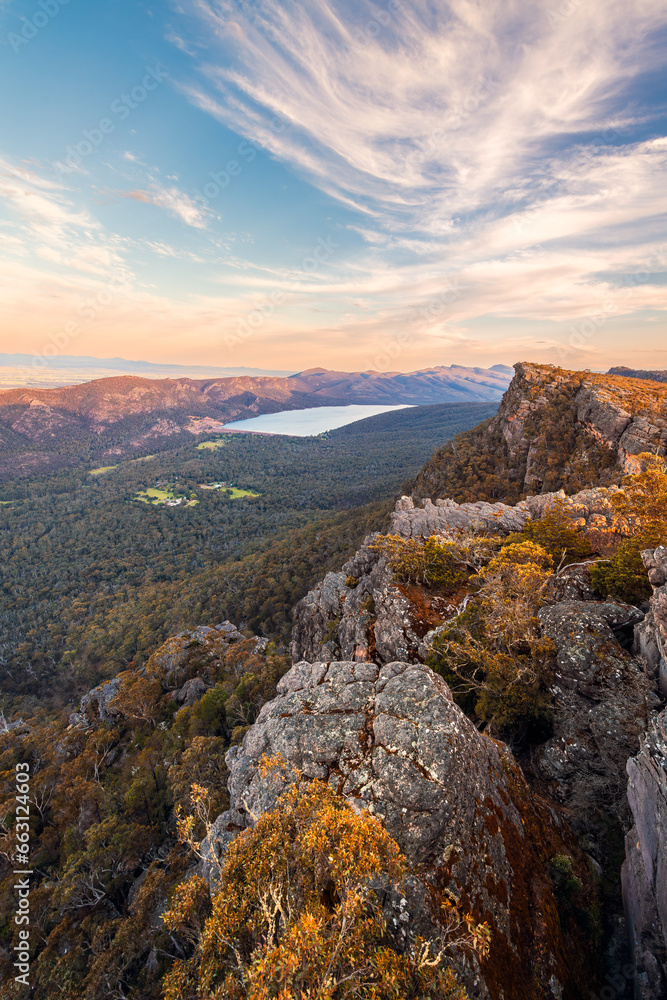 Stunning Grampians National Park mountains with lake Bellfield viewed from Pinnacle lookout at sunset time, Halls Gap, Victoria, Australia