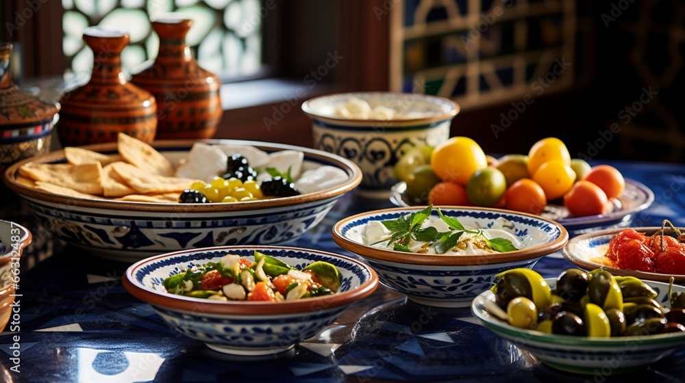 A refined Middle Eastern breakfast spread, featuring golden bowls of creamy labneh, fresh pita bread, and a selection of vibrant, jewel-toned olives, all set against a backdrop of ornate Moorish tiles