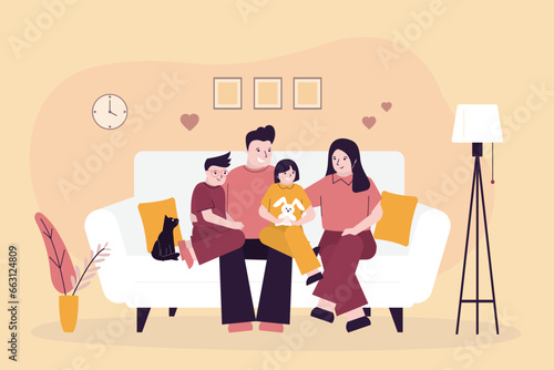 Happy family portrait, people sitting on the sofa. Father, mother, son and daughter together at home. Parents and their children in living room interior