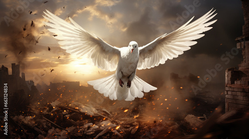 a white dove flies over a burning city, war, battle, symbol of peace, fire, architecture, wings, sky, feathers, chaos, destruction, bird, wing flap, pigeon