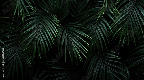 Vibrant Palm Leaf: Close-up of a Green Frond Against a Black Background © tydeline