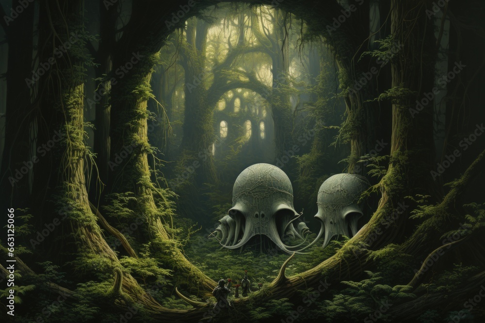Giant talking mushrooms offering cryptic advice in dense forest groves - Generative AI - obrazy, fototapety, plakaty 