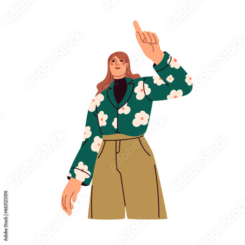 Happy woman indicating, pointing up with index finger. Excited surprised person, female character looking and showing something with hand gesture. Flat vector illustration isolated on white background
