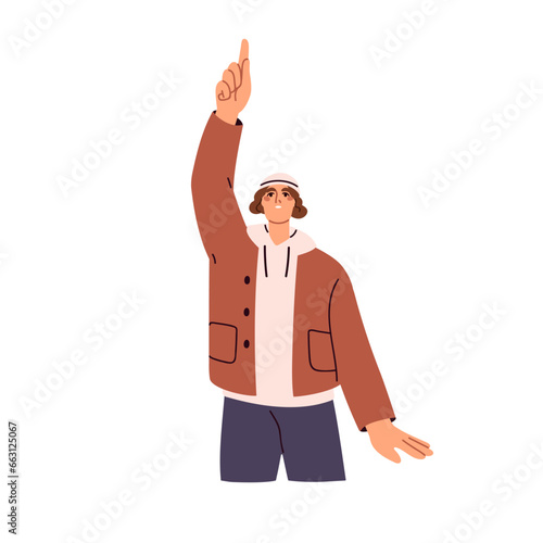 Man looking up, pointing, indicating something with finger. Male character sh...