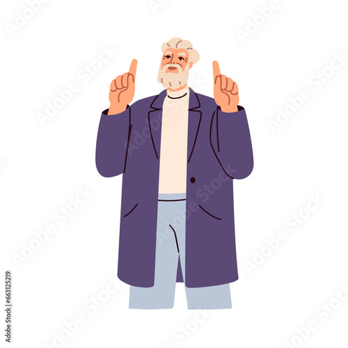 Old man pointing, indicating, looking up. Happy excited senior male character showing something with hand gesture. Person watching, smiling. Flat vector illustration isolated on white background