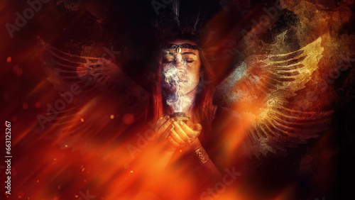 Fotografie shaman woman holding incense, incense in a woman hand.