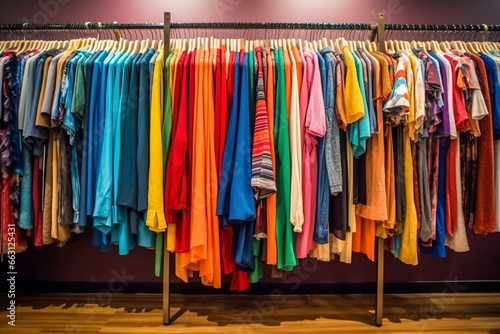 Vivid clothing with stylish designs displayed on racks in a fitting room at a clothing store. Generative AI