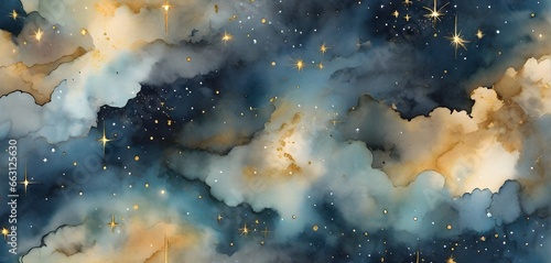Flawless pattern of the night sky with golden foil stellar with watercolor clouds. Generative AI.