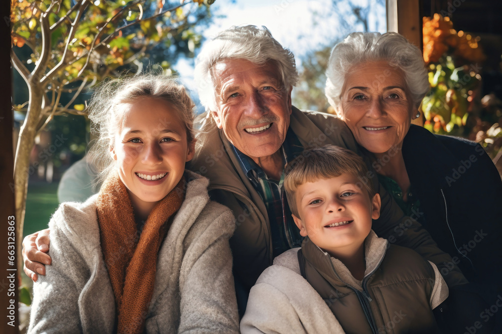 Family together. Family photo of grandparents, their children and young grandchildren. Children and grandchildren visit elderly parents. Family values. Caring for the elderly. Family together. Family photo of grandparents, their children and young grandchildren. Children and grandchildren visit elderly parents. Family values. Caring for the elderly.