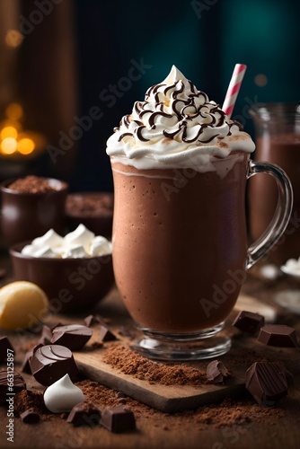 A chocolate smoothie in a rustic mug, topped with whipped cream and chocolate shavings.